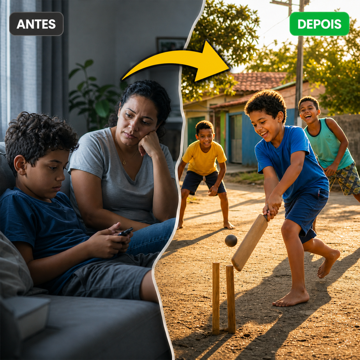 Montagem: criança no celular ao lado de uma adulta e crianças brincando de bets ao ar livre.