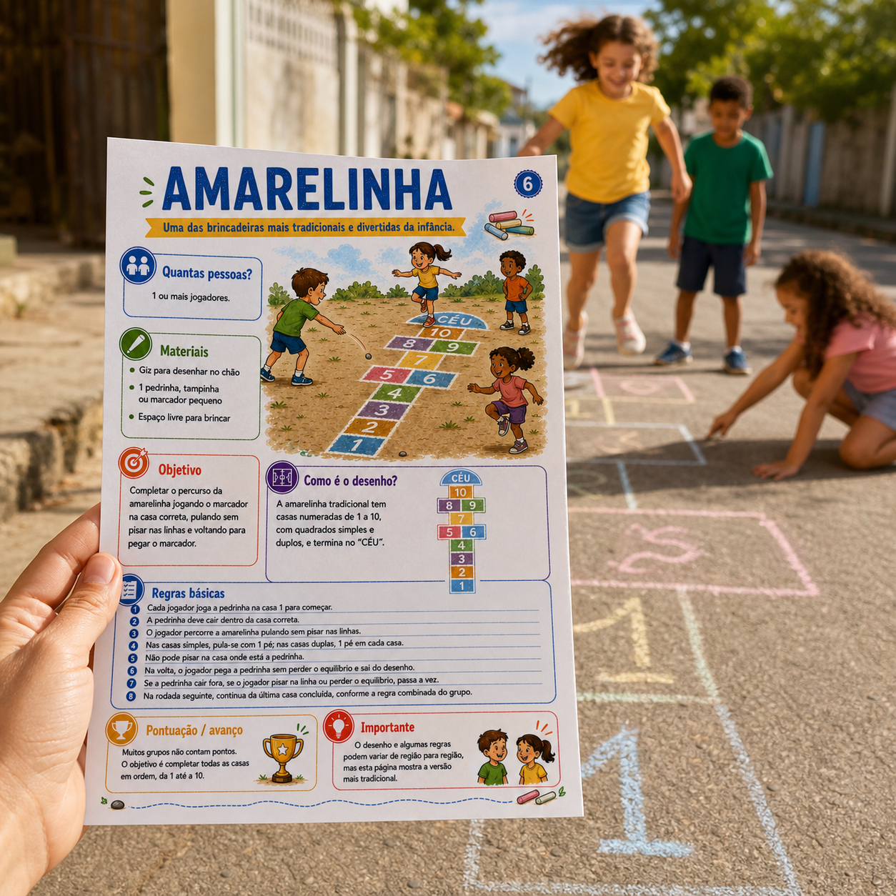 Amarelinha: demonstração da brincadeira com o guia.