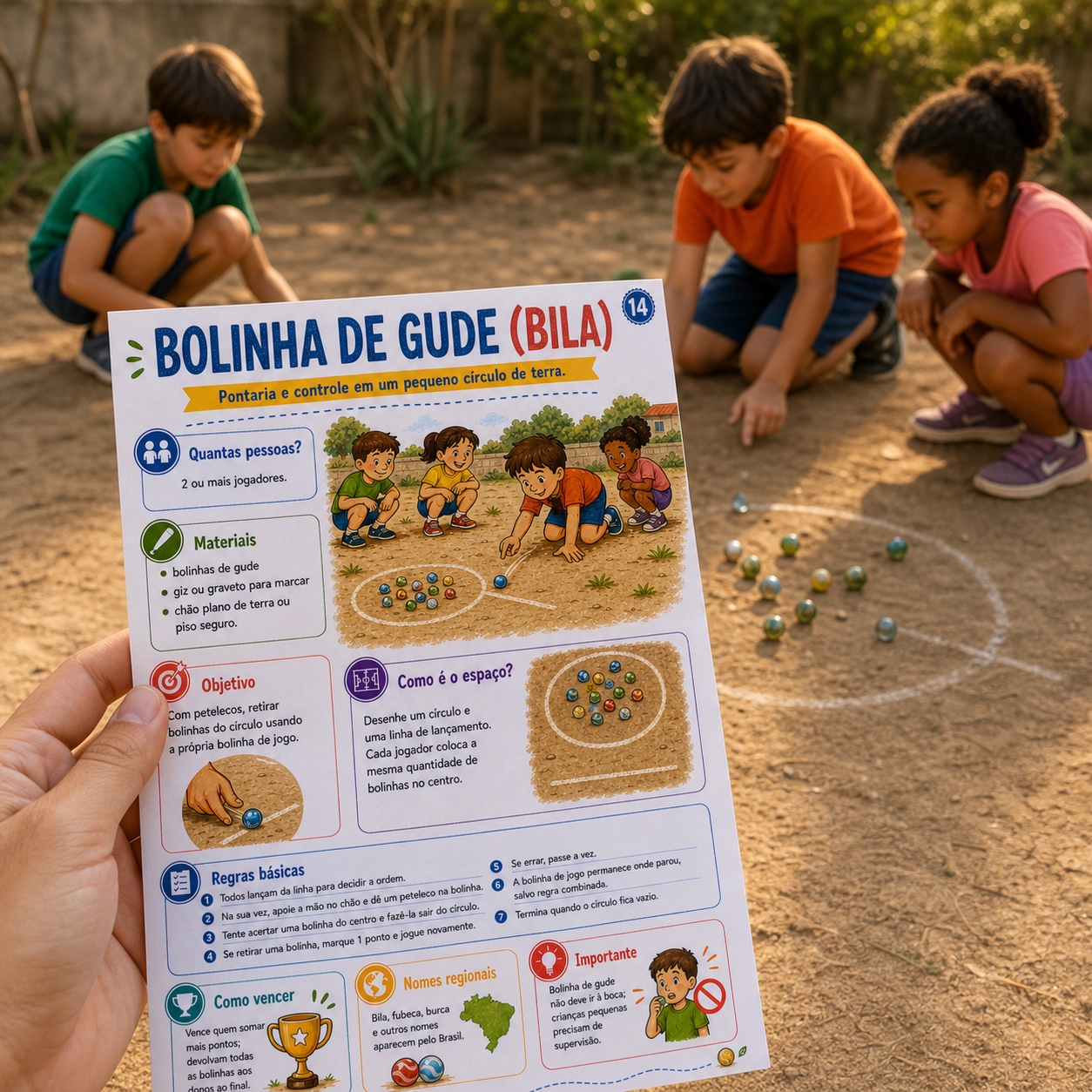 Bolinha de gude: demonstração da brincadeira com o guia.