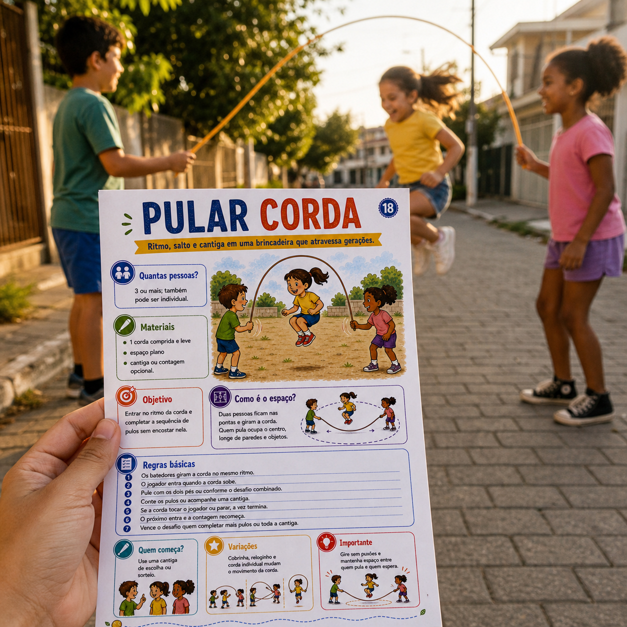 Pular corda: demonstração da brincadeira com o guia.