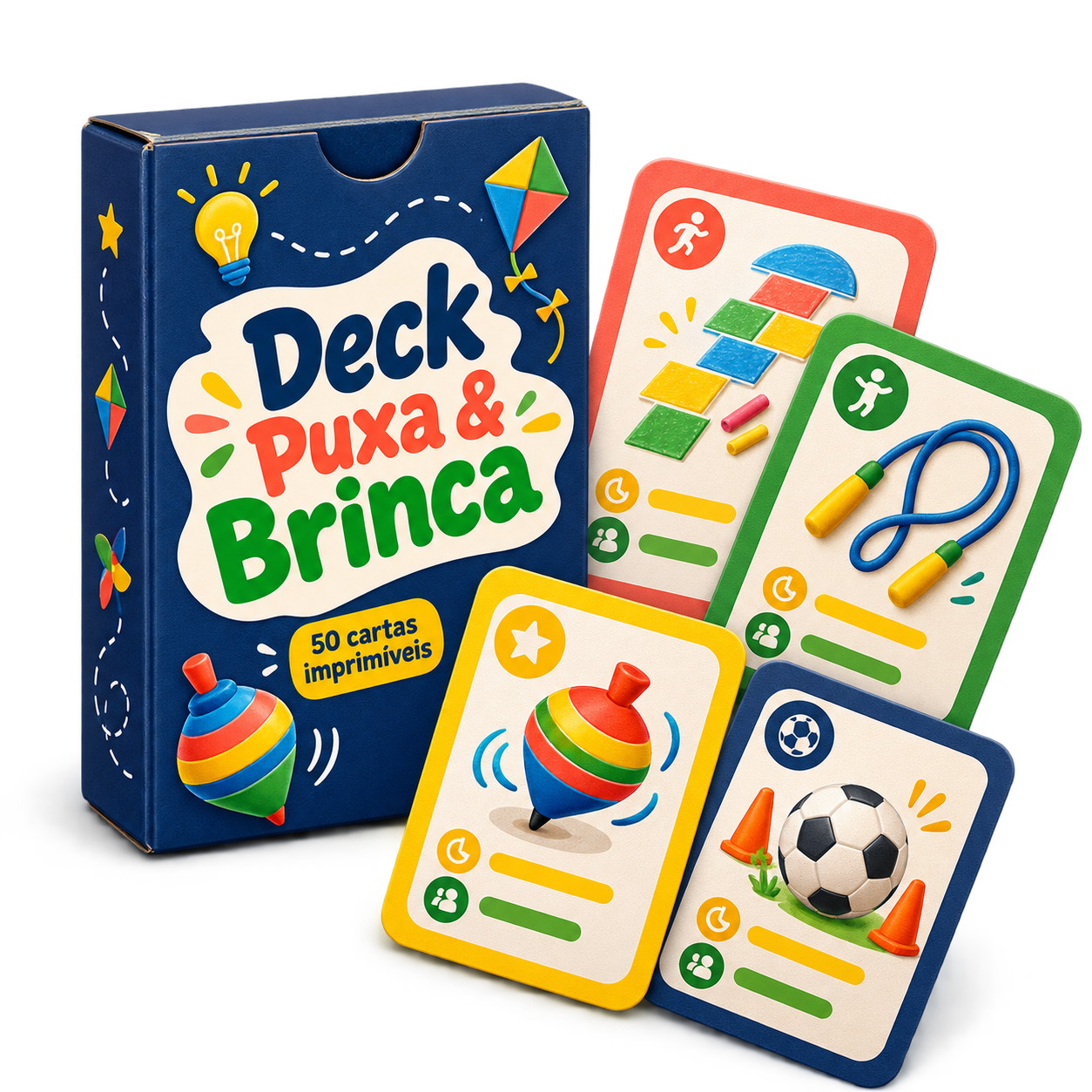 Mockup do bônus Deck Puxa & Brinca com sua caixa e cartas.