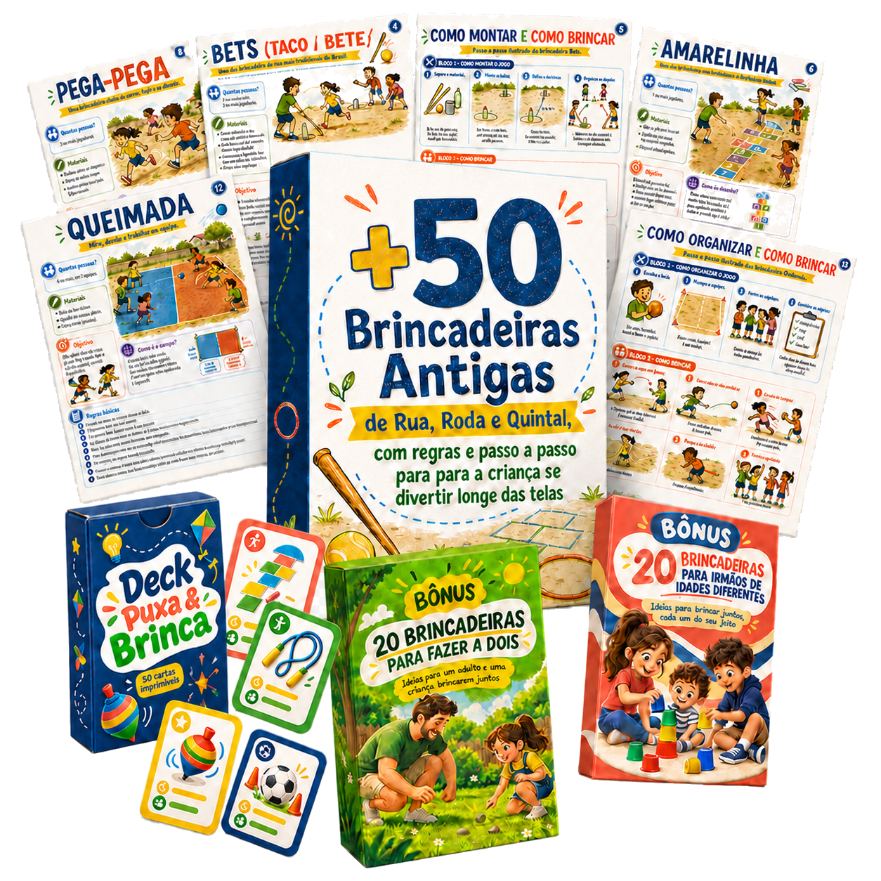 Mockup do Guia Ilustrado das Brincadeiras Antigas, com mais de 50 brincadeiras de rua, roda e quintal.